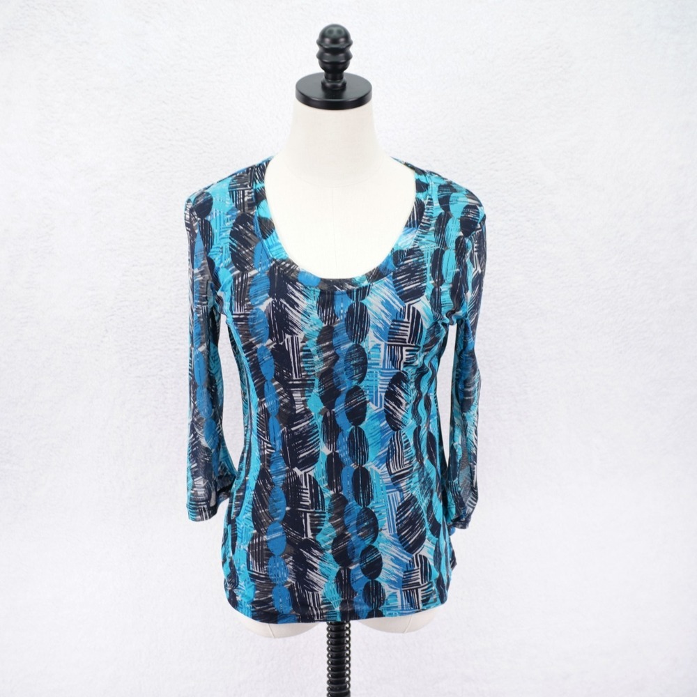 Madison Black Teal Medium 3/4 Sleeve Scoop Neck Patchwork Style Geometric Nylon